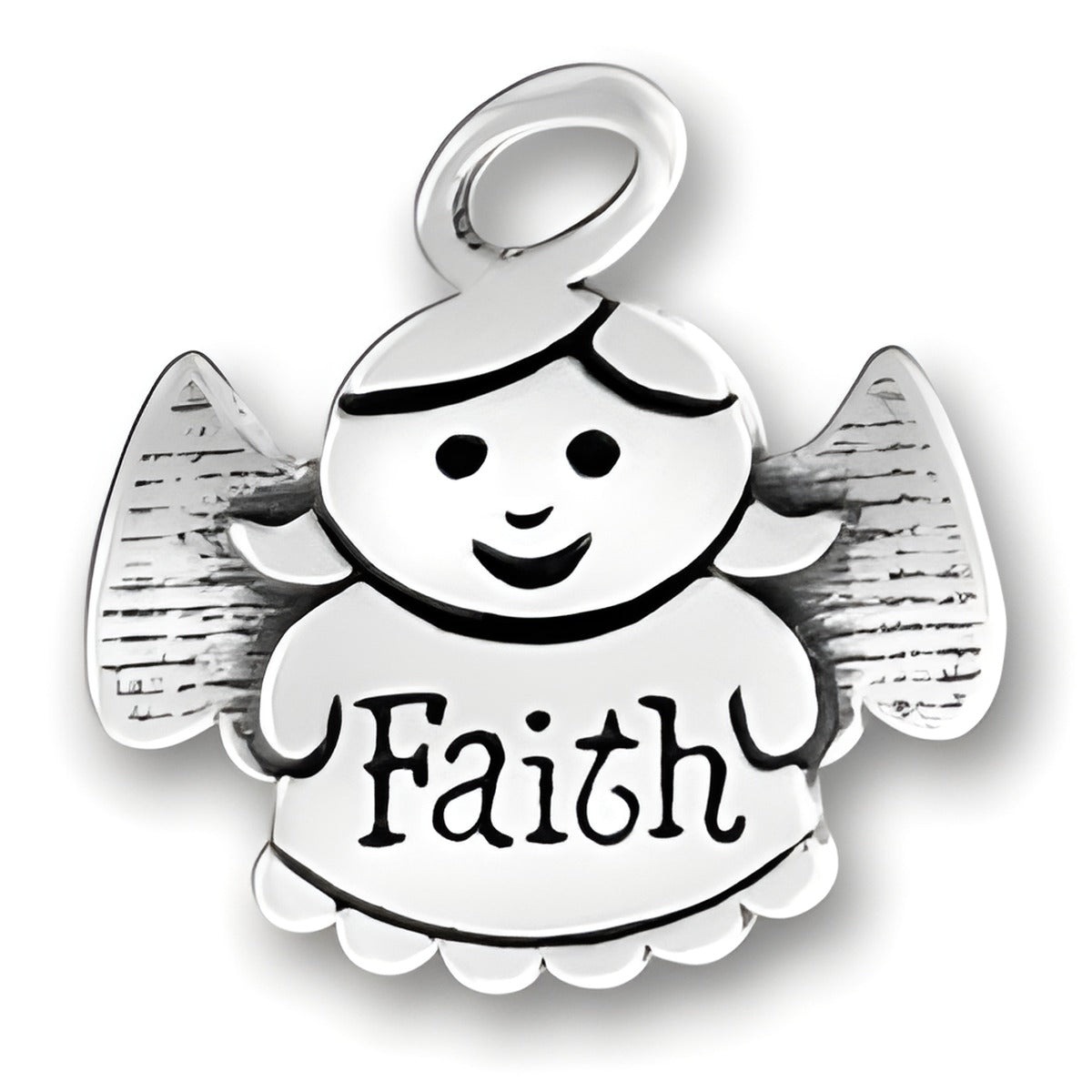 Sterling Silver Faith Angel Charm featuring a smiling angel with the word 'Faith' on its dress.