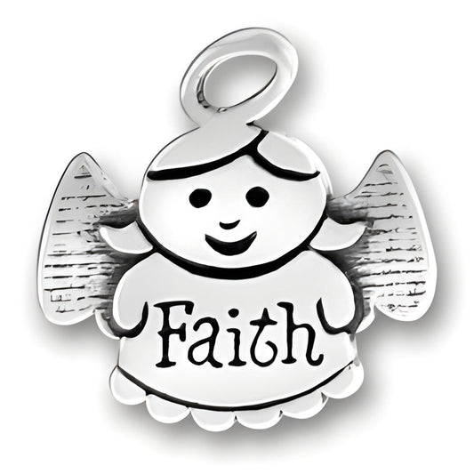 Sterling Silver Faith Angel Charm featuring a smiling angel with the word 'Faith' on its dress.