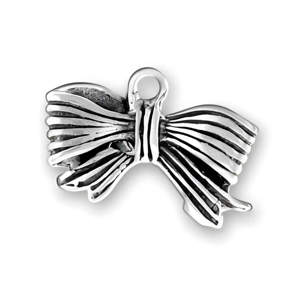 Sterling Silver Fancy Bow Charm featuring a detailed bow design with layered ribbons and a loop for attachment.