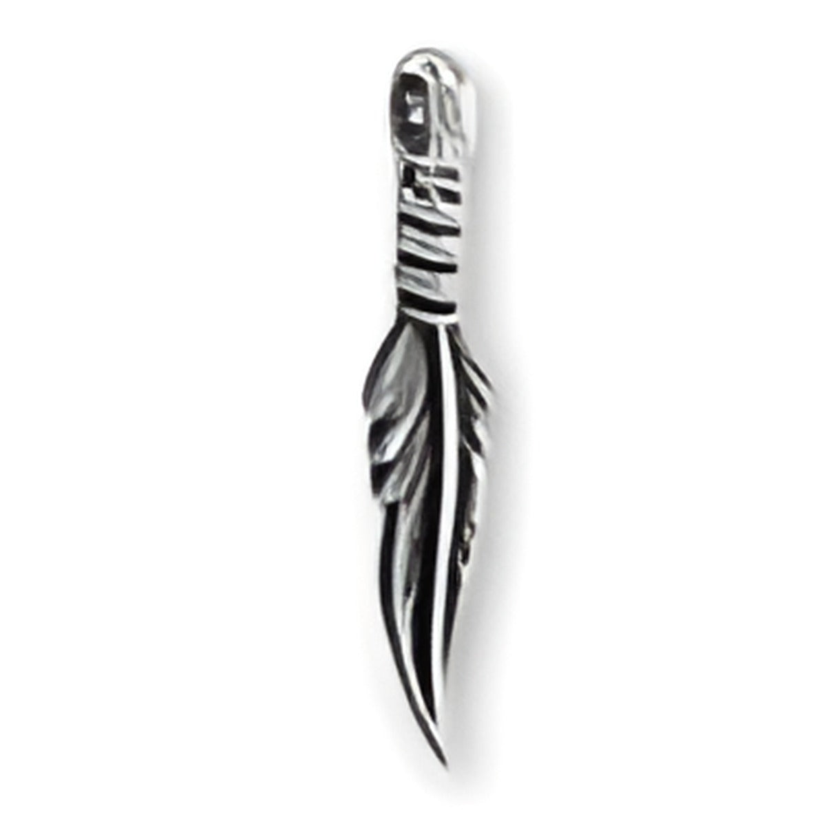 Sterling Silver Feather Charm featuring intricate detailing and a loop for attachment, showcasing a natural feather design.