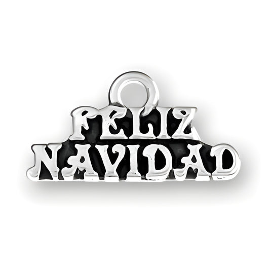Sterling silver charm featuring the words 'Feliz Navidad' in a decorative font, with a loop for attachment.