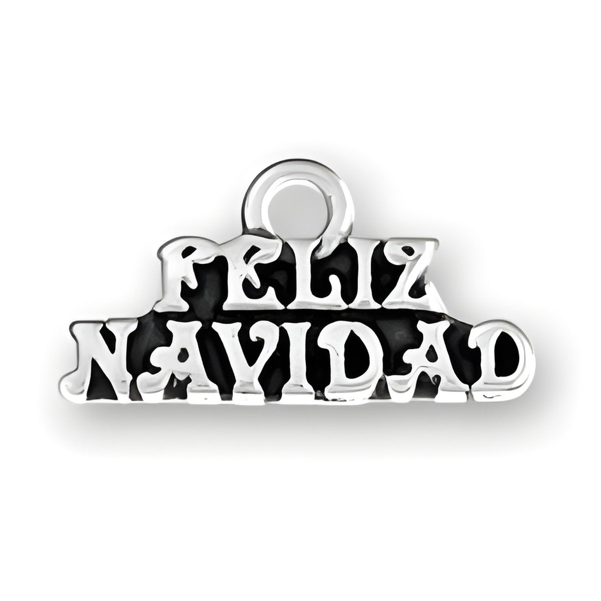 Sterling silver charm featuring the words 'Feliz Navidad' in a decorative font, suitable for holiday jewelry.