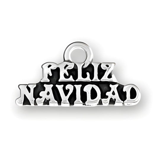 Sterling silver charm featuring the words 'Feliz Navidad' in a decorative font, suitable for holiday jewelry.