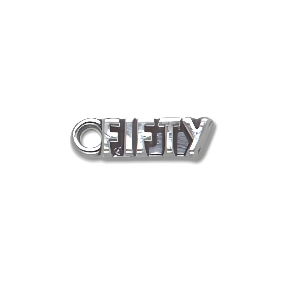 Sterling Silver Fifty Charm featuring the word 'FIFTY' in a bold, polished font with a loop for attachment.