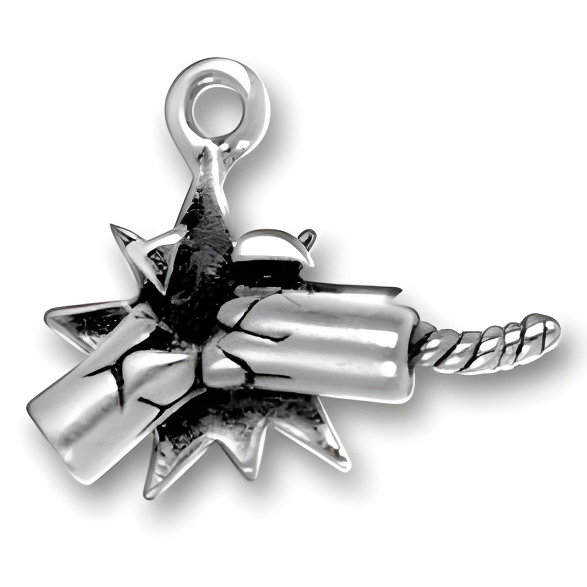 Sterling Silver Firecracker Charm featuring a detailed firecracker design with a twisted fuse and starburst shape.