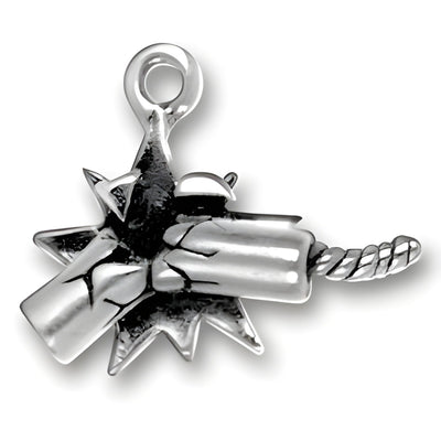 Sterling Silver Firecracker Charm featuring a detailed firecracker design with a twisted fuse and starburst shape.