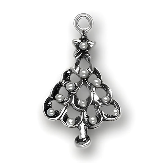 Sterling Silver Flat Christmas Tree Charm featuring a detailed tree design with decorative elements and a loop for attachment.