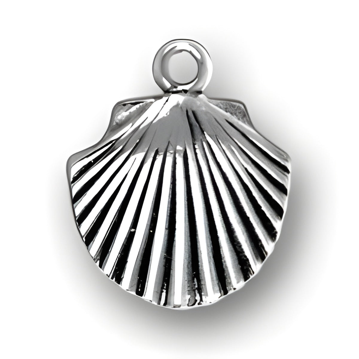 Charm Factory Sterling Silver Flat Seashell Charm featuring detailed ridges and a loop for attachment.