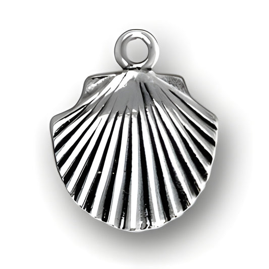 Charm Factory Sterling Silver Flat Seashell Charm featuring detailed ridges and a loop for attachment.