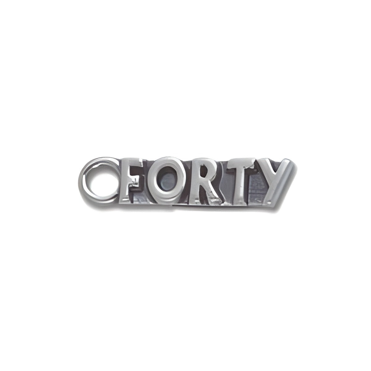 Sterling Silver Forty Charm featuring the word 'FORTY' in bold letters with a circular loop for attachment.