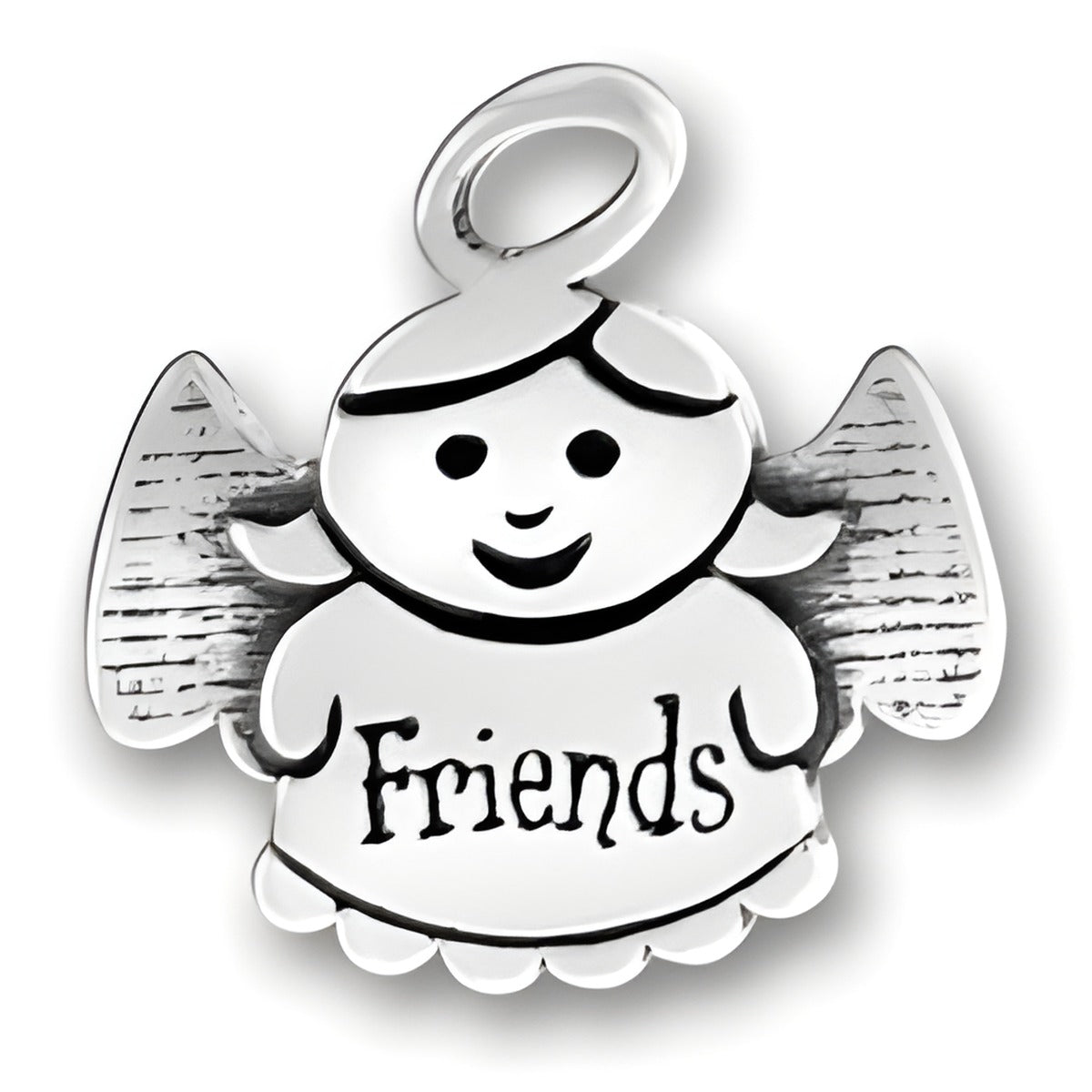 Sterling Silver Friends Angel Charm featuring a smiling angel with the word 'Friends' inscribed on its dress.