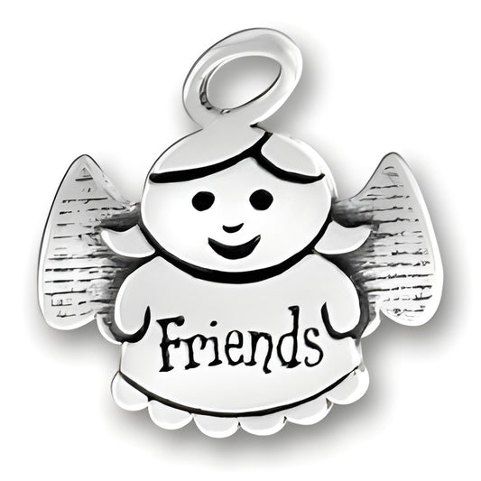 Sterling Silver Friends Angel Charm featuring a smiling angel with the word 'Friends' inscribed on its dress.