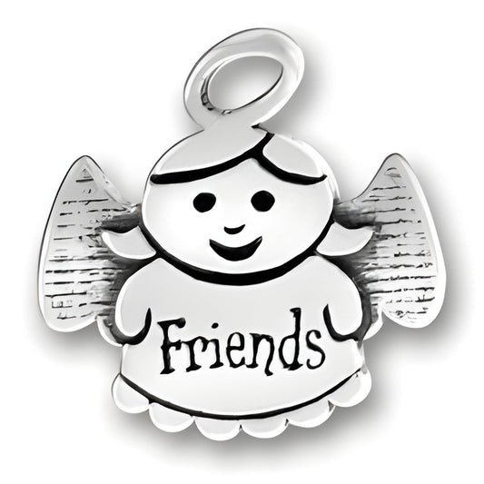 Sterling Silver Friends Angel Charm featuring a smiling angel with the word 'Friends' inscribed on its dress.