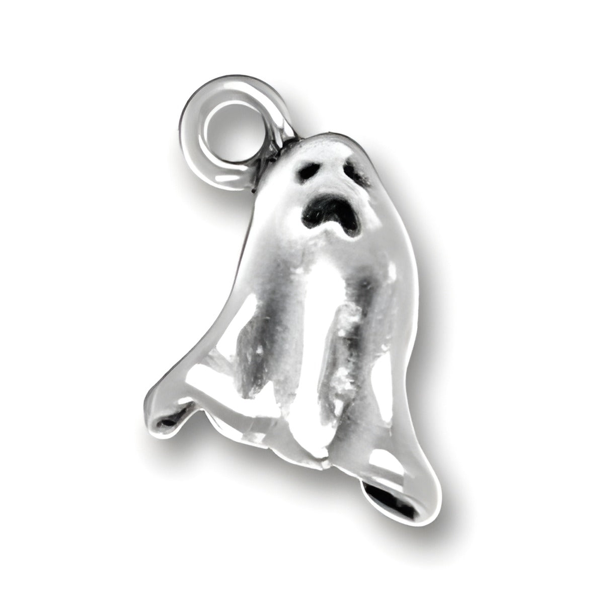Sterling Silver Ghost Charm featuring a detailed ghost design with a frightened expression and a loop for attachment.