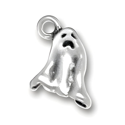 Sterling Silver Ghost Charm featuring a detailed ghost design with a frightened expression and a loop for attachment.