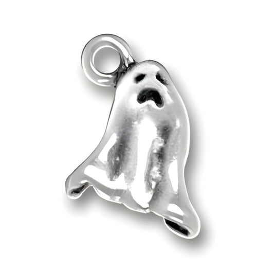 Sterling Silver Ghost Charm featuring a detailed ghost design with a frightened expression and a loop for attachment.