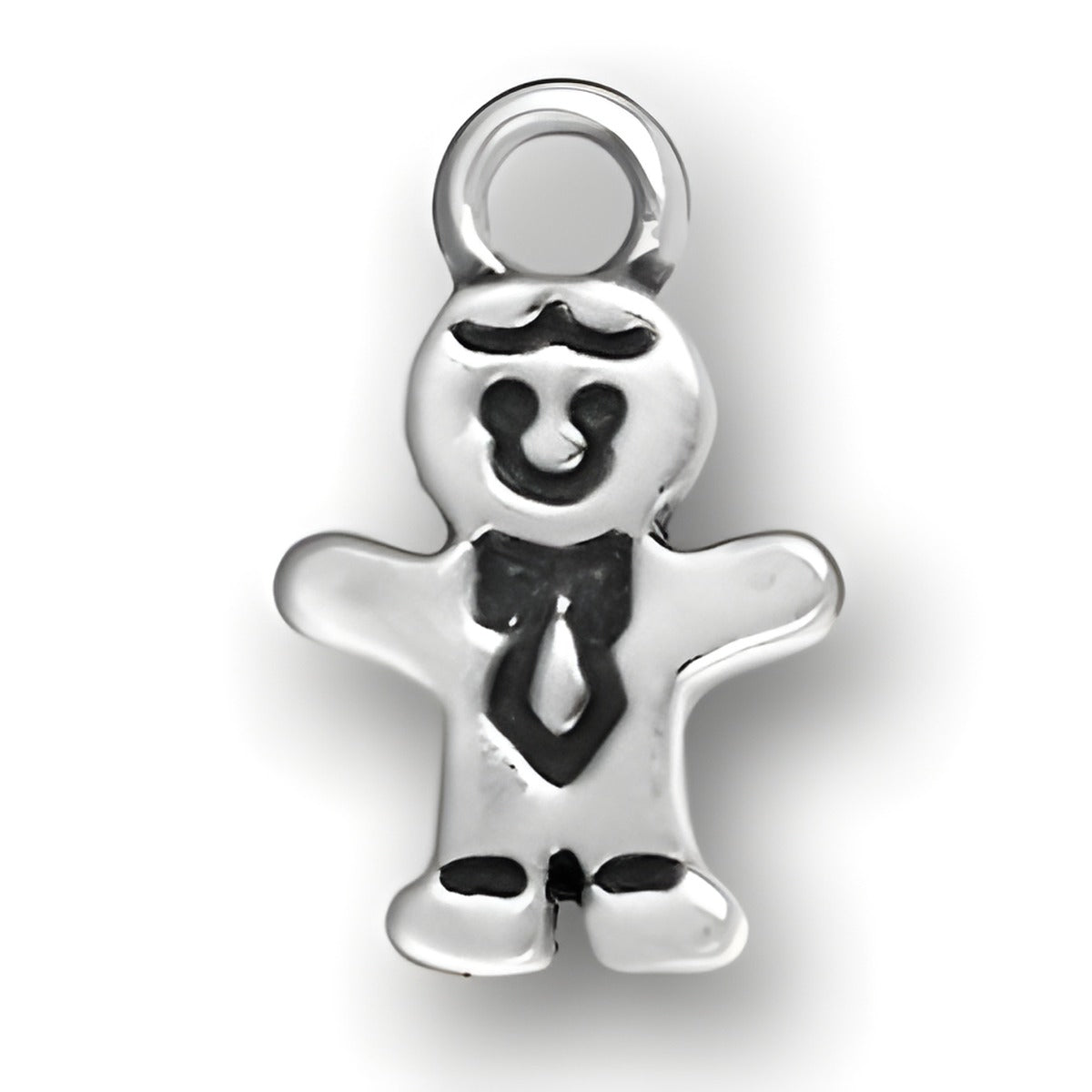 Sterling Silver Gingerbread Boy Charm featuring a smiling figure with a tie and detailed facial features.