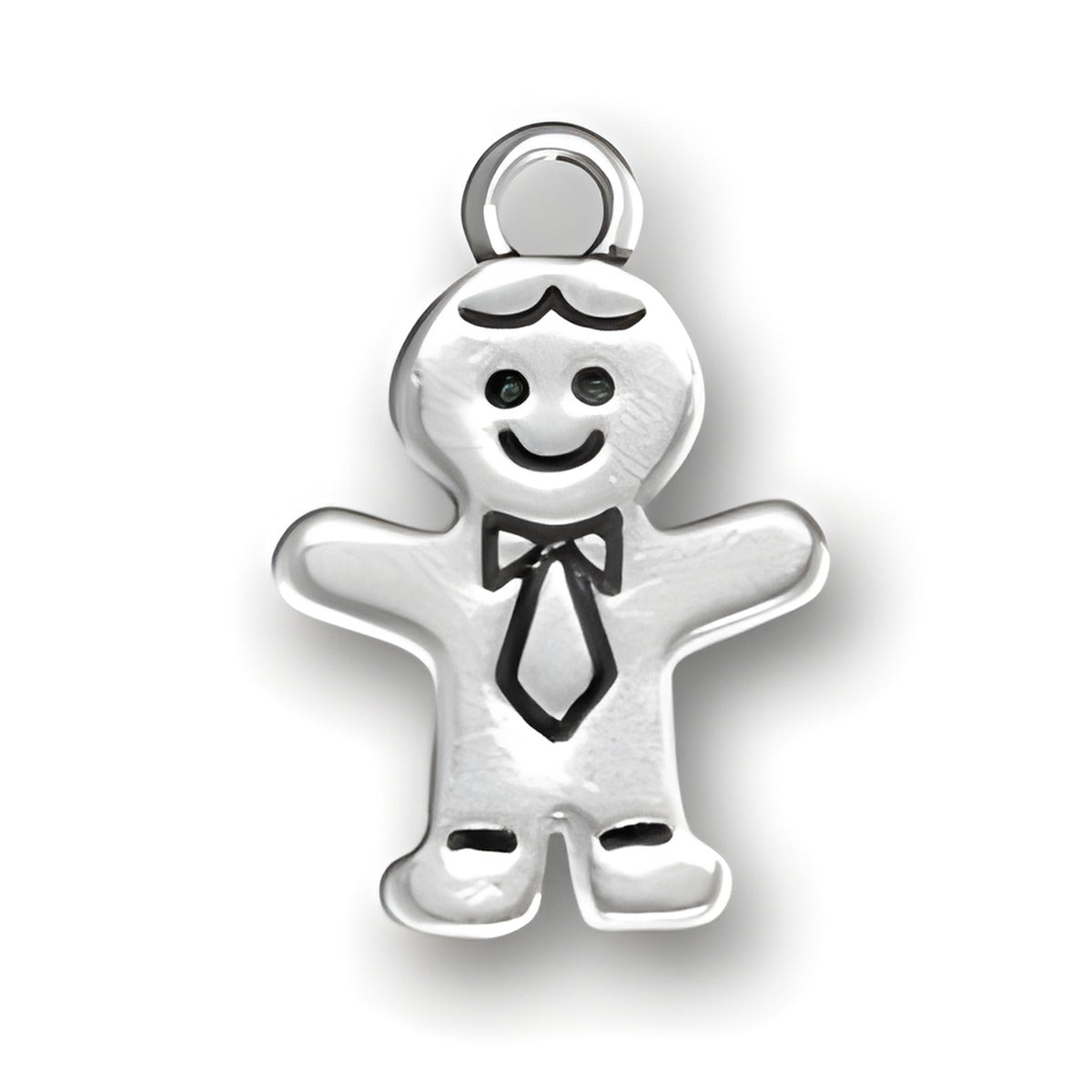 Sterling Silver Gingerbread Man Charm featuring a smiling face, bow tie, and detailed arms and legs.
