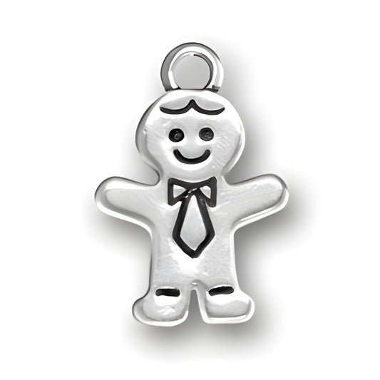 Sterling Silver Gingerbread Man Charm featuring a smiling face, bow tie, and detailed arms and legs.
