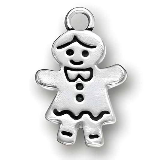Sterling Silver Gingerbread Women Charm featuring a smiling figure with a bow tie and dress details.