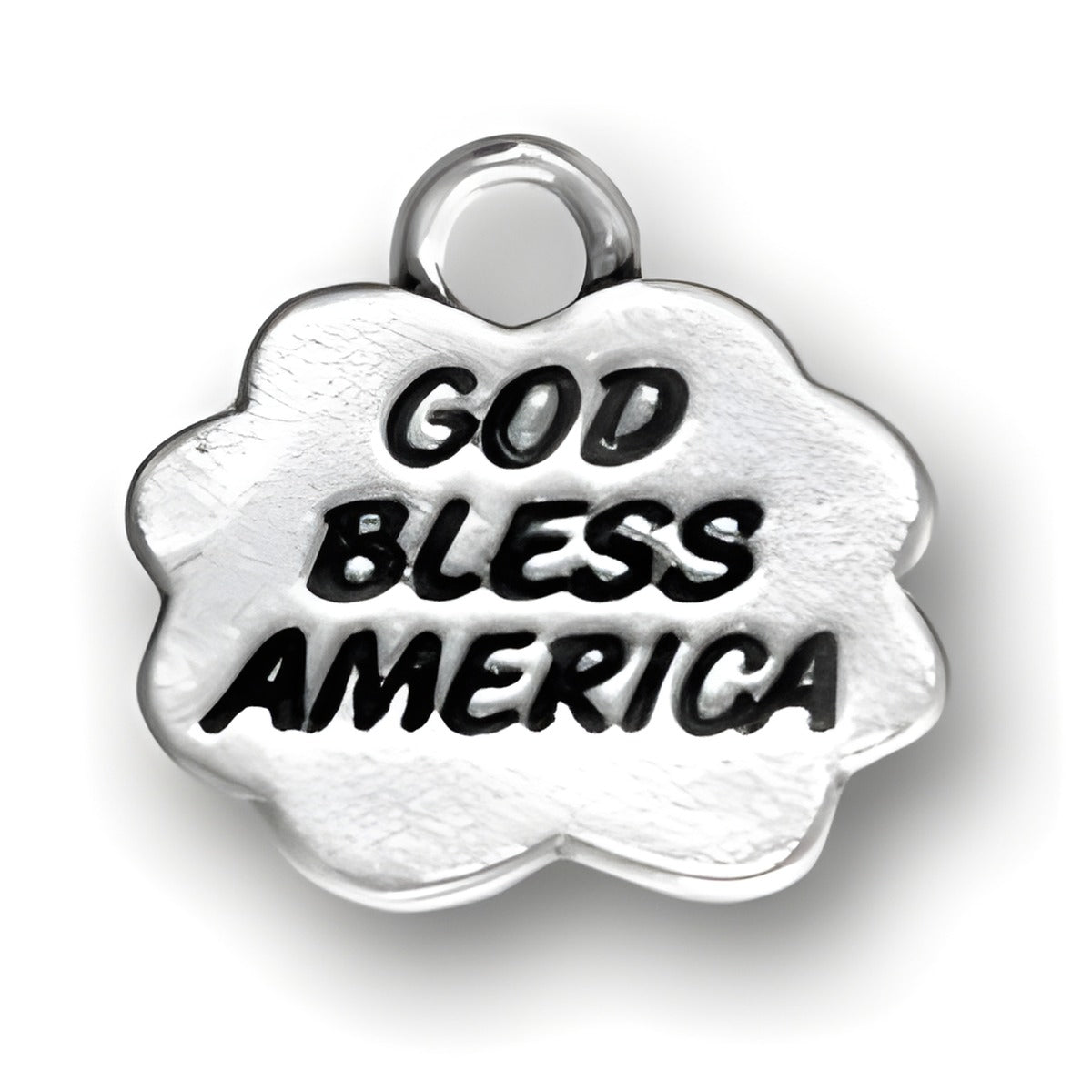 Sterling Silver God Bless America Charm featuring the engraved phrase 'GOD BLESS AMERICA' on a textured surface.