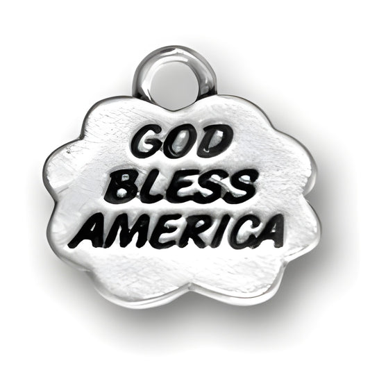 Sterling Silver God Bless America Charm featuring the engraved phrase 'GOD BLESS AMERICA' on a textured surface.