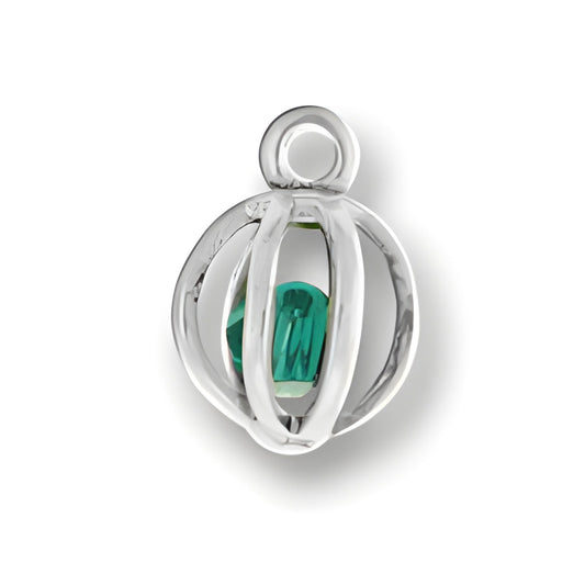 Sterling Silver Green Crystal Cage charm featuring a green crystal encased in a silver cage design.
