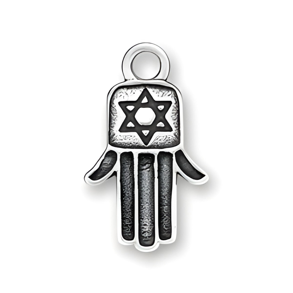 Sterling Silver Hamsa/Hamesh Hand Charm featuring a Star of David design and detailed hand structure.