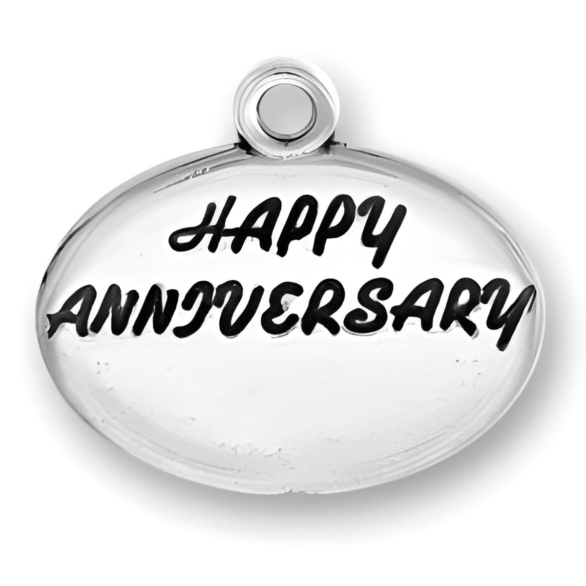 Sterling Silver Happy Anniversary Charm featuring engraved text in a stylish font on an oval shape.
