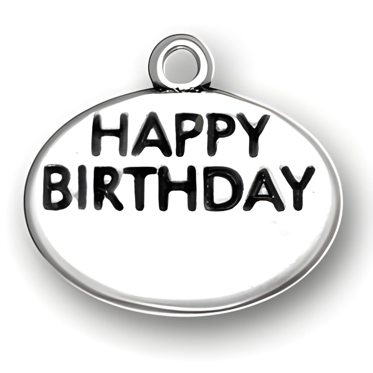Sterling Silver Happy Birthday Charm featuring an oval shape with the words 'HAPPY BIRTHDAY' embossed in bold letters.