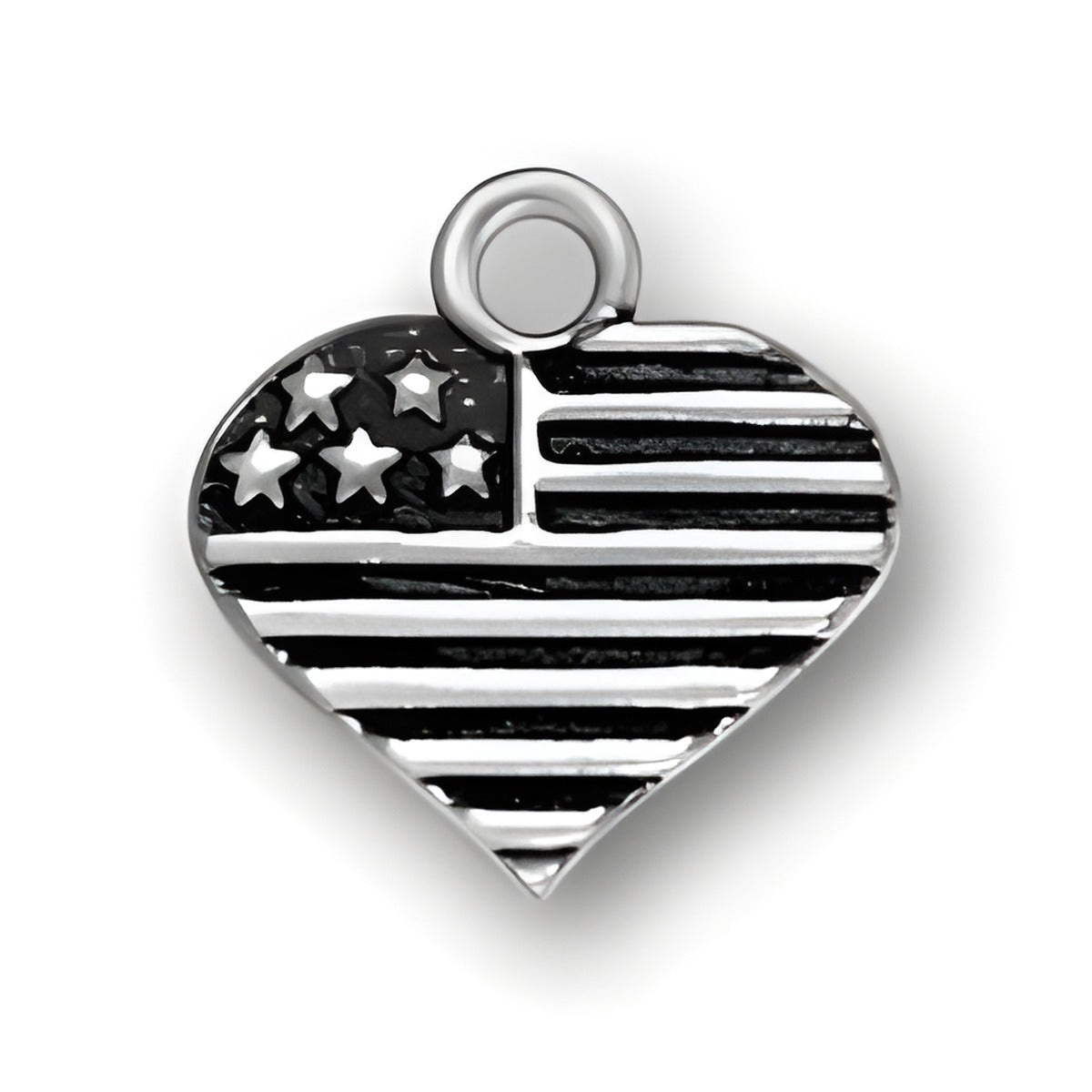 Sterling Silver Heart Shaped American Flag Charm featuring detailed stars and stripes design.
