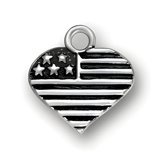 Sterling Silver Heart Shaped American Flag Charm featuring detailed stars and stripes design.