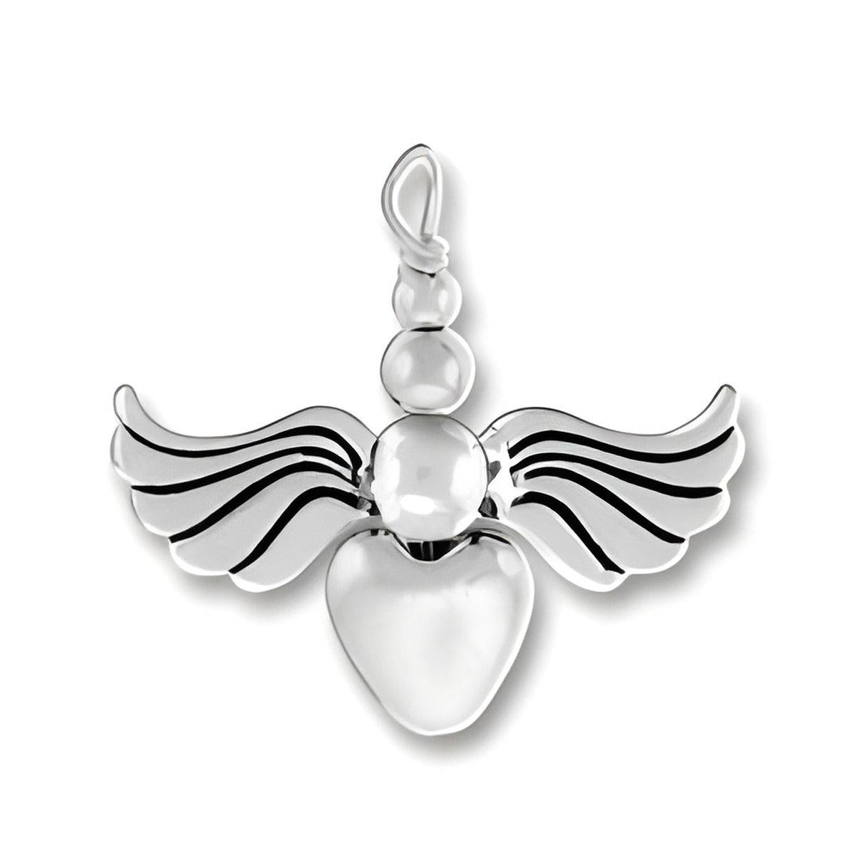Sterling Silver Heart Silver Angel Charm featuring a heart with wings and a bead detail above.