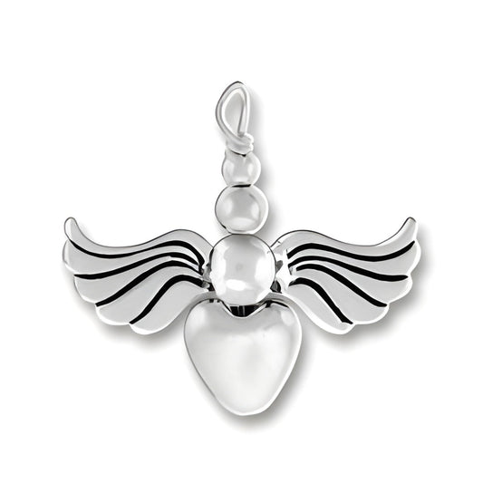 Sterling Silver Heart Silver Angel Charm featuring a heart with wings and a bead detail above.