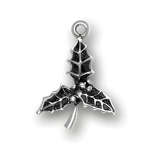 Sterling Silver Holly Charm featuring detailed holly leaves and berries, designed for charm bracelets or necklaces.