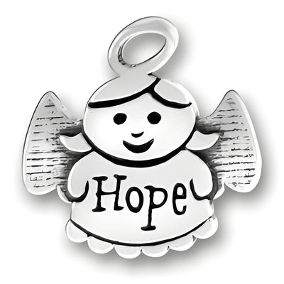 Sterling Silver Hope Angel Charm featuring a smiling angel with the word 'Hope' inscribed on its dress.