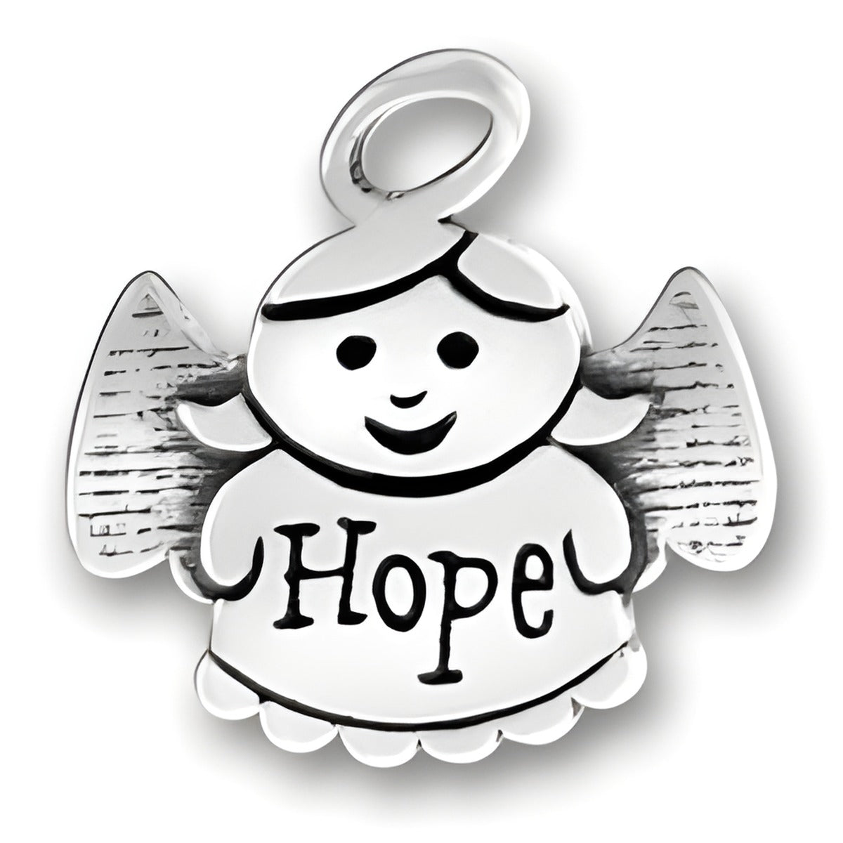 Sterling Silver Hope Angel Charm featuring a smiling angel with the word 'Hope' inscribed on its dress.