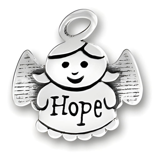 Sterling Silver Hope Angel Charm featuring a smiling angel with the word 'Hope' inscribed on its dress.