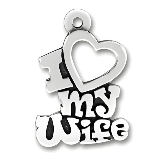 Sterling Silver I Love my Wife Charm featuring stylized text with a heart symbol, showcasing a polished finish.