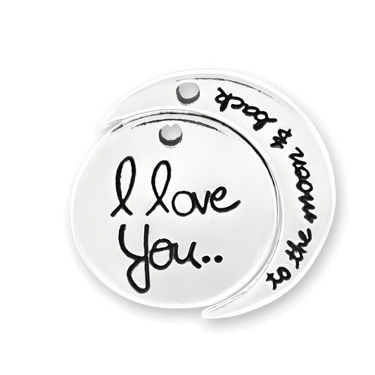 Sterling Silver I Love You to the Moon and Back Charm featuring engraved text and a crescent moon design.