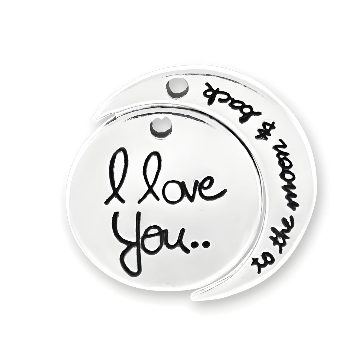 Sterling Silver I Love You to the Moon and Back Charm featuring engraved text and a crescent moon design.