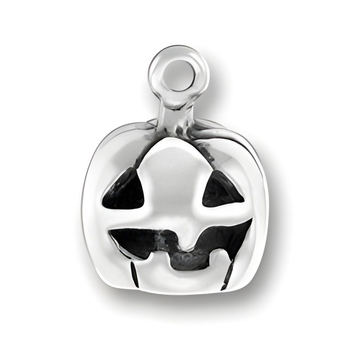 Sterling Silver Jack O'Lantern Charm featuring a carved pumpkin design with a smiling face and a loop for attachment.