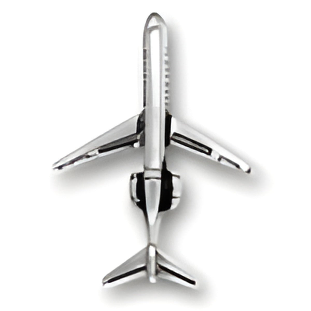 Jet Plane Charm made of sterling silver, featuring detailed wings and fuselage, viewed from above.
