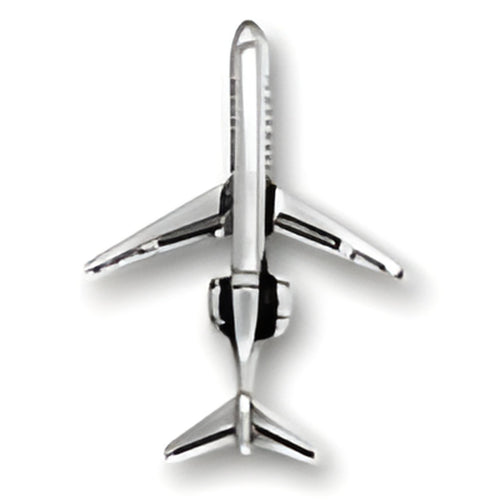 Jet Plane Charm made of sterling silver, featuring detailed wings and fuselage, viewed from above.