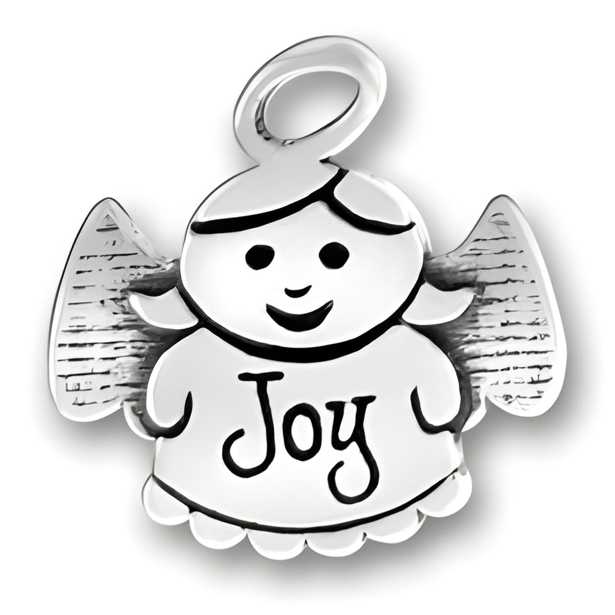 Sterling Silver Joy Angel Charm featuring a smiling angel with the word 'Joy' on its dress and detailed wings.