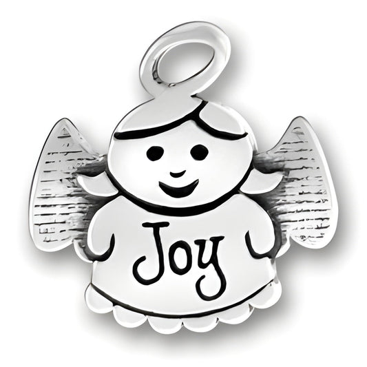 Sterling Silver Joy Angel Charm featuring a smiling angel with the word 'Joy' on its dress and detailed wings.