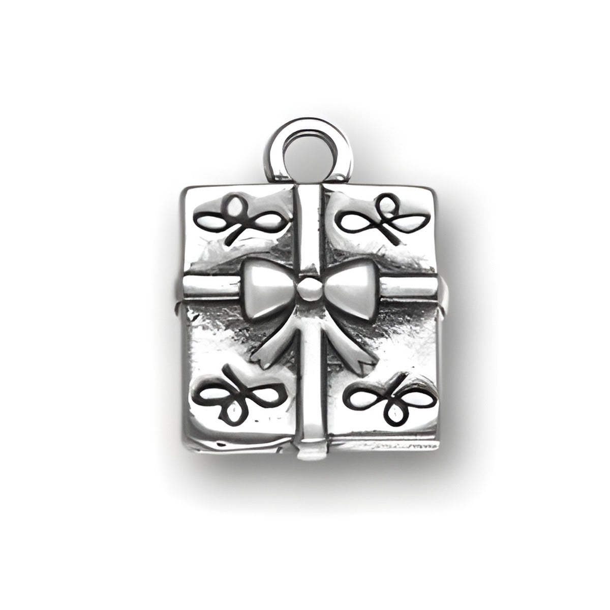 Sterling Silver Large Present Charm featuring a wrapped gift design with a bow and decorative ribbons.