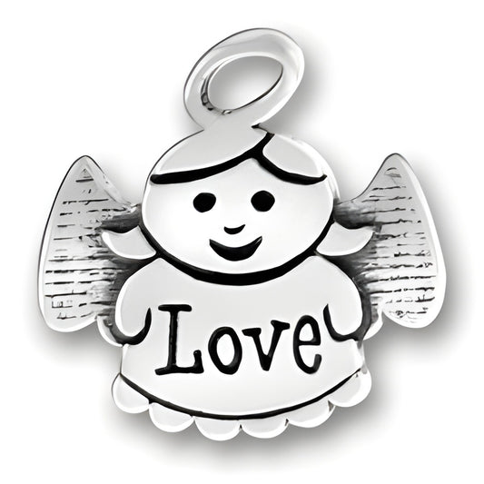 Sterling Silver Love Angel Charm featuring a smiling angel with the word 'Love' on its dress and detailed wings.