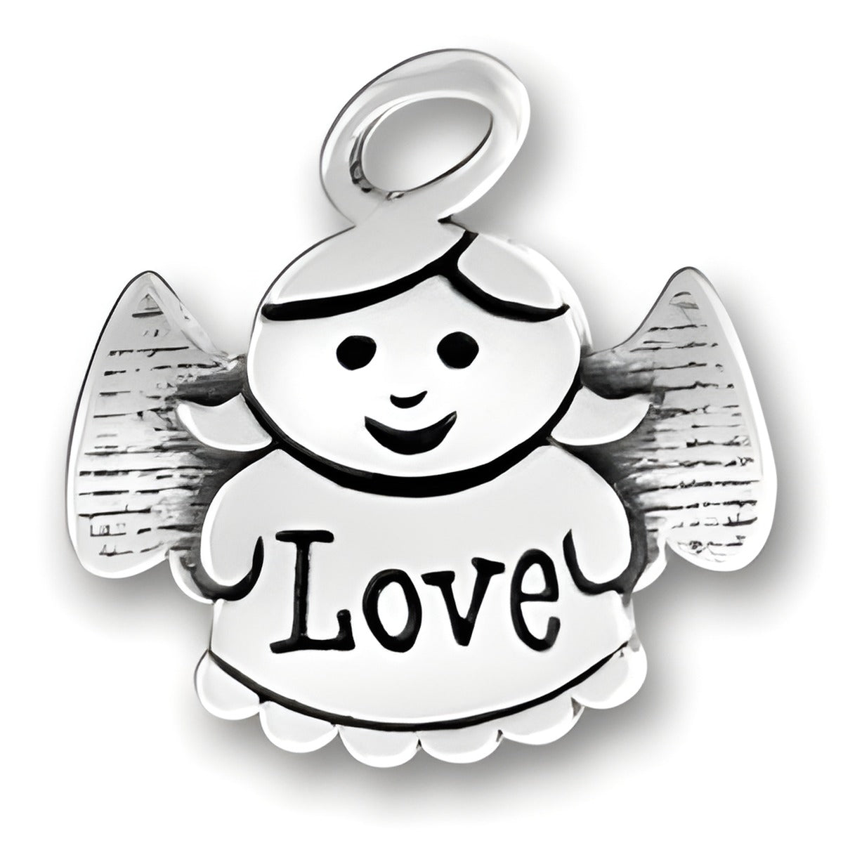 Sterling Silver Love Angel Charm featuring a smiling angel with the word 'Love' on its dress.