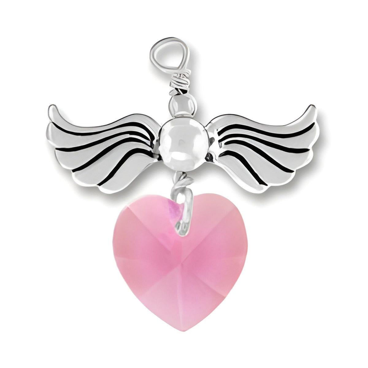 Sterling Silver Love Taking Flight charm featuring wings and a rose crystal heart.